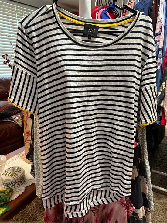 W5 Tops - W5 Women's Black & White Striped Short Sleeve Tee with Yellow Trim Size 1X